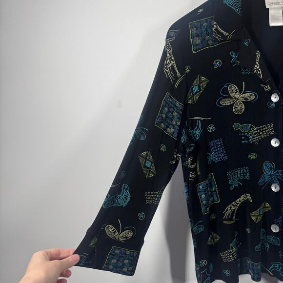 Coldwater Creek Top Women Size M Black Shell Button Down Made in USA Giraffe - Picture 4 of 7